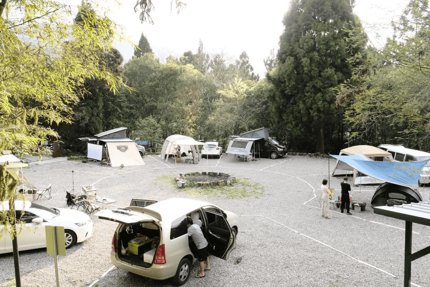 森林中的碎石露營地，有多台露營車、車露及露營帳篷，中間有營火場與